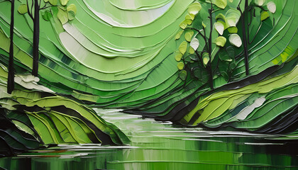 Abstract green color acrylic painting on canvas. Natural landscape. Oil painting, brush strokes.