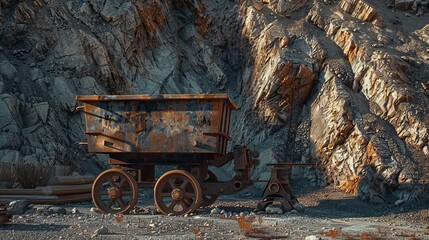 A rusty wheelbarrow sits on a rocky hillside
