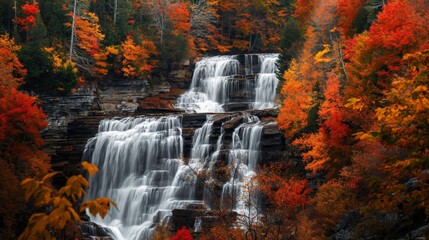 Tranquil autumn waterfall serenity surrounded by vibrant foliage and colorful trees in a picturesque natural landscape, showcasing the beauty of nature in the fall season