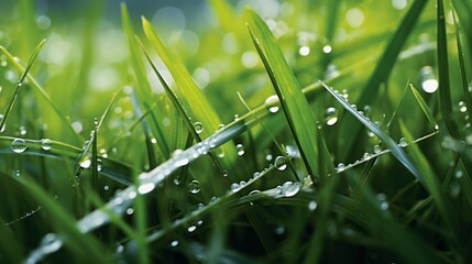 Fresh green grass with dew drops close up. Natural background.