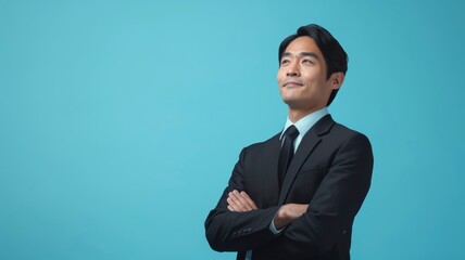 A confident man in a suit stands against a blue backdrop, exuding professionalism and leadership. Ideal for corporate branding and professional events.