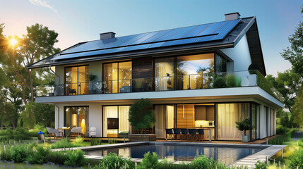 Fototapeta premium A serene, smart home architecture with solar panel energy system, this luxurious home features modern design and a beautiful pool in a landscaped setting.
