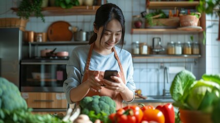 A woman in an apron smiles while using a smartphone among fresh vegetables, perfect for culinary blogs or Thanksgiving designs.