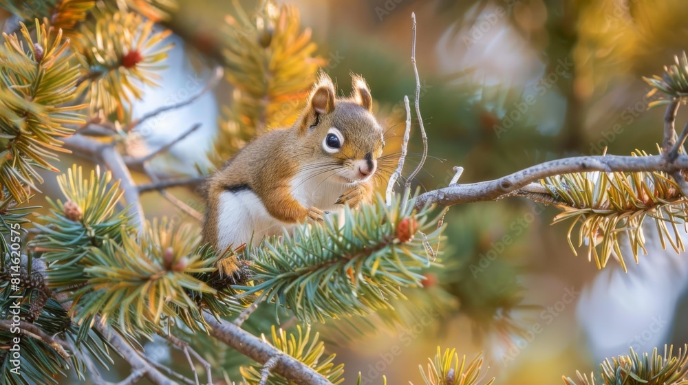 Poster A squirrel is sitting on a tree branch. The tree is full of pine needles and the squirrel is looking at the camera