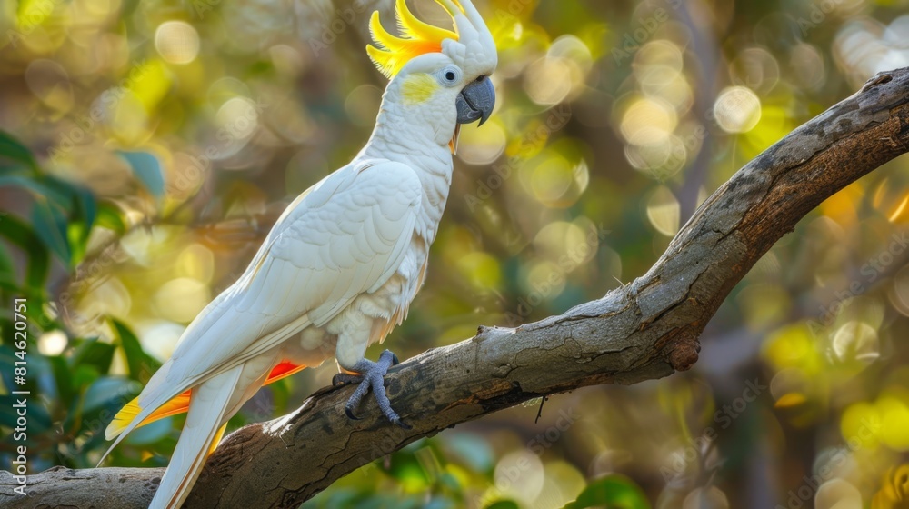 Poster a white and yellow cockatoo bird is perched on top of a tree branch. the bird is standing upright, w