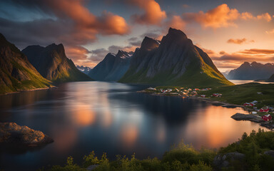 Midnight sun over the Lofoten Islands, Norway, serene fjords, dramatic mountains, endless daylight