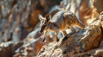 A small kangaroo, known as a Brush-tailed Rock Wallaby, stands confidently on a rocky outcrop, surveying its surroundings. The marsupials agile posture displays its natural habitat and ability to navi