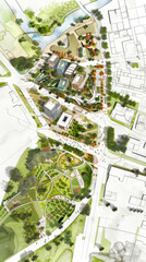 A drawing of a city with a park and a river