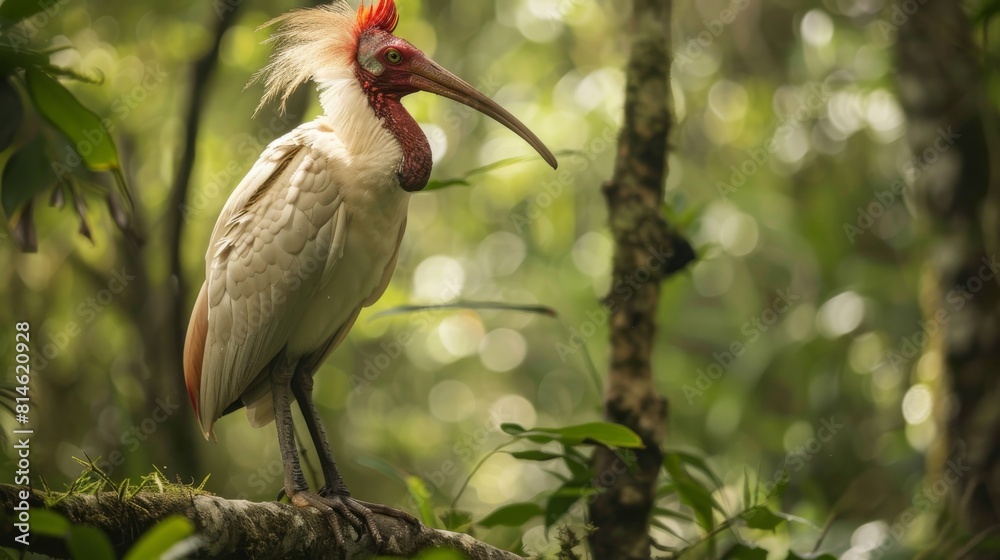 Poster a madagascar crested ibis with a long beak is standing on a branch in this nature scene. the bird is