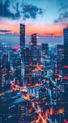 Obraz premium A city skyline at night with a red sun in the background