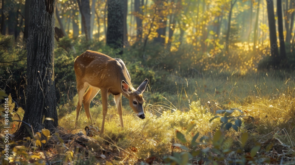 Poster A deer is grazing in a forest. The deer is the main focus of the image, and it is surrounded by trees and grass, creating a natural and calming atmosphere