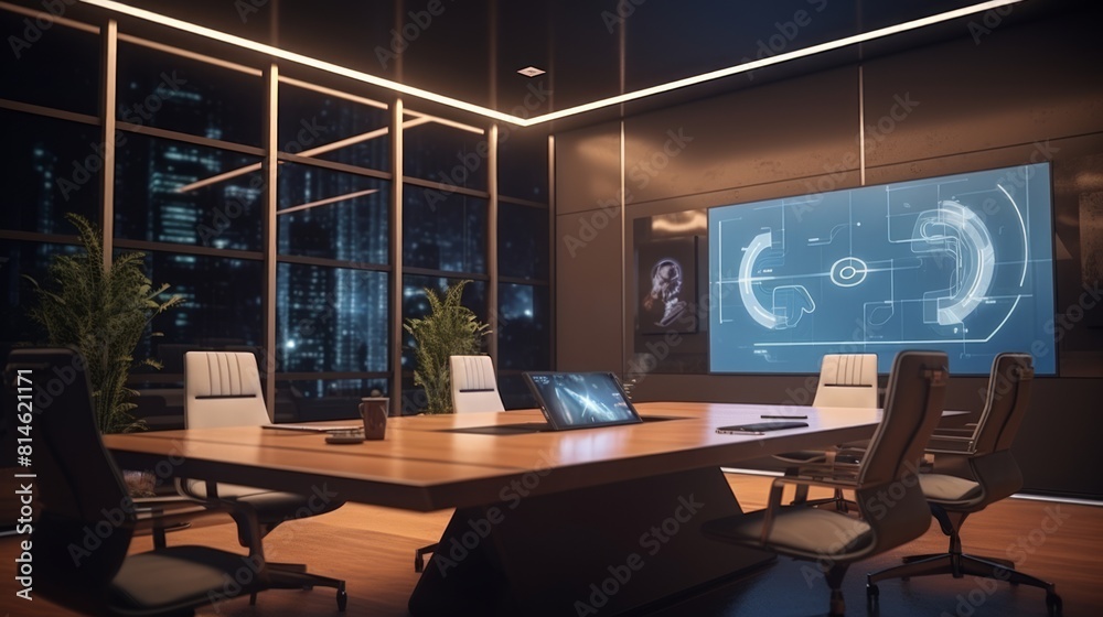 Poster generative ai sophisticated conference room with high-tech presentation facilities.