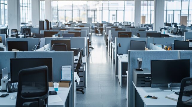 An empty office space is depicted, showing rows of desks lined up with computer screens displaying blank screens. The environment exudes a sense of vacancy and stillness.