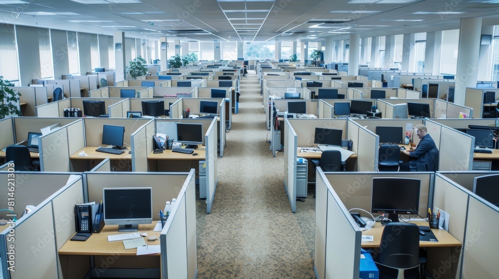 Poster the office space is bustling with activity as employees work diligently at their desks within their 
