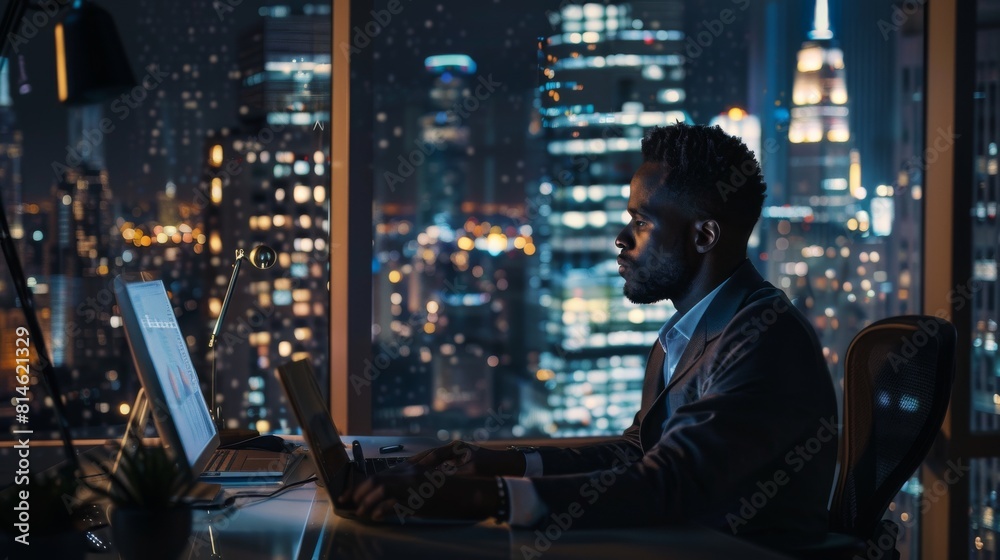 Aufkleber a man is sitting at a desk in front of a laptop, looking at the screen. the city outside the window 