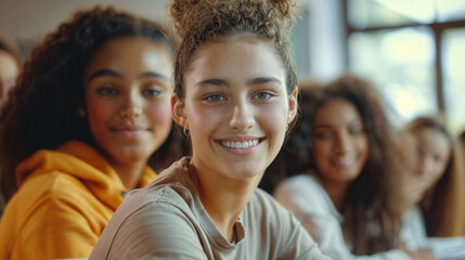 Fototapeta premium Smiling student sitting in class. Education at school or university. Girl student in the audience. Process of learning and education. Teenager in class