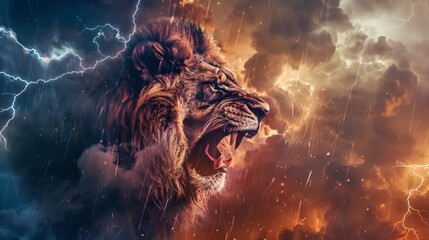 Lion and Lightning Double Exposure in Surreal Artistic Composition