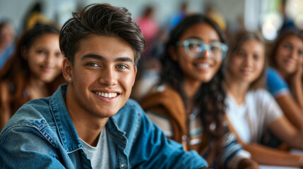 Fototapeta premium Smiling student sitting in class. Education at school or university. Boy student in the audience. Process of learning and education. Teenager in class