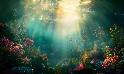 underwater scene with corals and plants in the water,  Generative AI