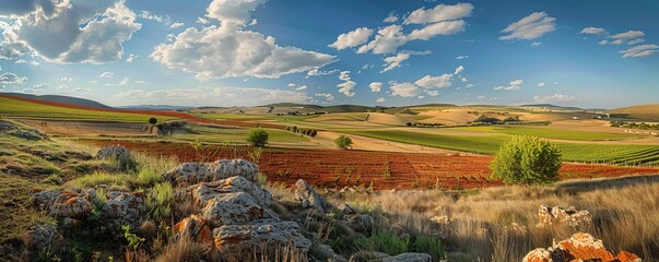 Landscape with vineyards in spring in the designation of origin area of Ribera del Duero wines in...
