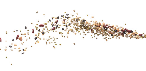 Mix beans fall down explosion, several kind bean float explode. Dried mixed white green red soy black peanut beans splash throwing in Air. White background Isolated high speed shutter, freeze