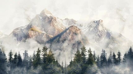 Majestic Mountain Range Double Exposure with Misty Forest