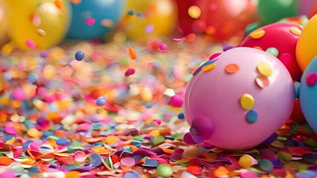 festive birthday party background with rainbow confetti and multicolored balloons, joyful and playful