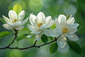 Magnolia Tree in Bloom: Large white flowers against glossy green leaves. 