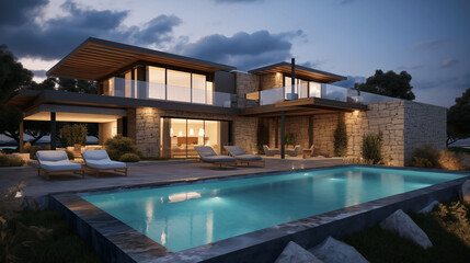Maison d'architecture moderne, villa de luxe avec piscine extérieure. Arrière-plan pour conception et création graphique.