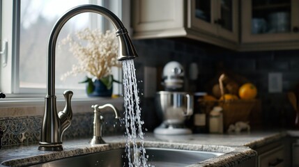 Generative AI Brushed nickel kitchen faucet, adjustable spray head, cascading water, atmospheric...