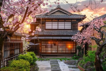 Fototapeta premium A traditional Japanese house stands in the background, surrounded by beautiful cherry blossom trees in full bloom. The pink flowers create a stunning contrast against the houses wooden structure.
