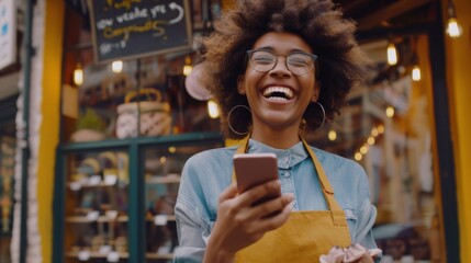 Smiling Woman with Smartphone Outside