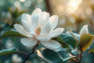 Fototapeta premium Magnolia Tree in Bloom: Large white flowers against glossy green leaves. 