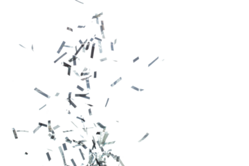 Silver Confetti Foil fall splashing in air. Silver Confetti Foil explosion flying, abstract cloud fly. Many Party glitter scatter in many group. White background isolated high speed shutter freeze