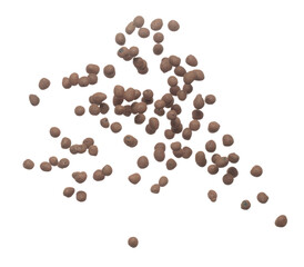 Clay Drainage big size ball pour fall down, explosion in air. Clay Drainage ball splash in shape form line explosion. White background isolated high speed shutter freeze motion