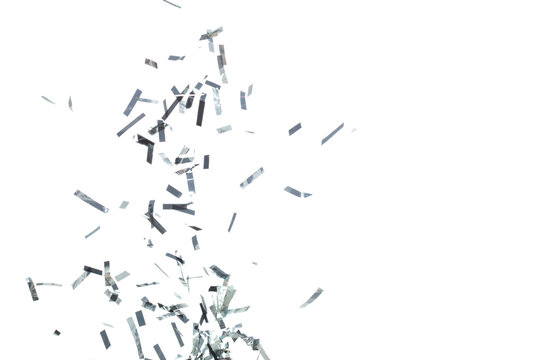 Silver Confetti Foil fall splashing in air. Silver Confetti Foil explosion flying, abstract cloud fly. Many Party glitter scatter in many group. White background isolated high speed shutter freeze