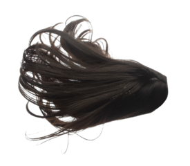 Long straight Wig hair style fly fall explosion. Black woman wig wave hair float in mid air. Straight black curl wig hair wind blow cloud throw. White background isolated high speed freeze motion
