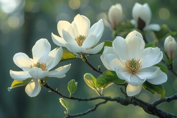 Magnolia Tree in Bloom: Large white flowers against glossy green leaves. 