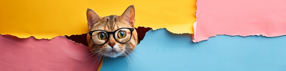 A cute cat looks through a ripped hole, a colorful paper background, and wearing glasses comes out...