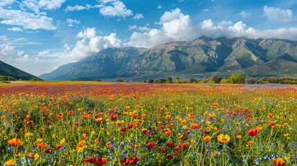 A vibrant field full of colorful flowers with majestic mountains in the background under a clear sky.