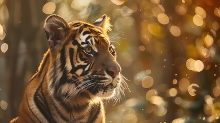 Portrait of a captivating Bengal Tiger against a backdrop of blurred foliage and twinkling bokeh lights, showcasing the wild beauty of its habitat. 