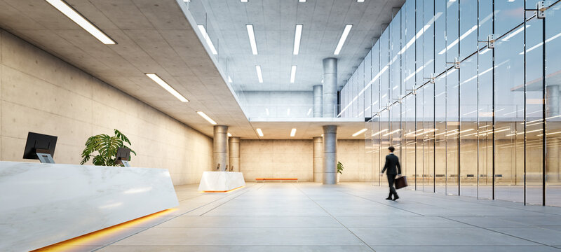 3D Modern corporate lobby interior with motion blur businessman - Powered by Adobe