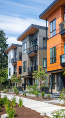 A row of apartment buildings with a green tree in front of them