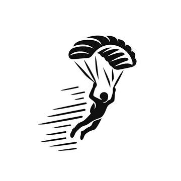 recommend clip art: Black and white illustration of a person skydiving captured in a moment of free fall. Grafic symbol for adventure and fun