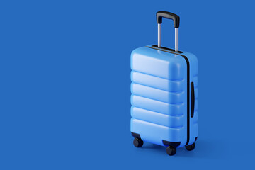 Realistic plastic blue suitcase. 3d travel bag isolated on blue background. Traveling banner template with copy space. 3d rendered Illustration