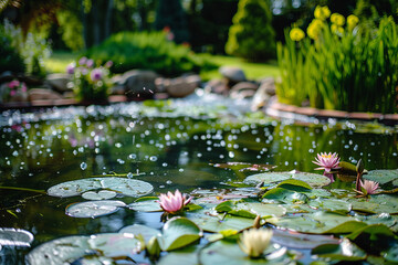 Tranquil pond with blooming water lilies and lush greenery