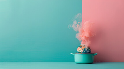 A boiling pot containing a melting globe is set against a minimalist color background, creating an unreal and thought-provoking image. The concept of global boiling is highlighted through the surreal
