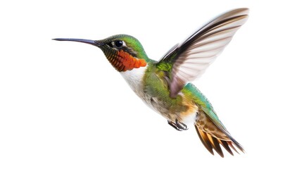 Fototapeta premium A mesmerizing photo showcasing the graceful movement and vibrant colors of a hummingbird in flight, beautifully contrasted against a bright white background.