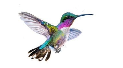 An engaging photo featuring the bright and iridescent plumage of a flying hummingbird against a pure white background, creating a captivating and visually striking image for various design purposes. 
