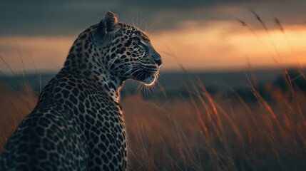 An atmospheric photo showcasing the complete profile of a leopard against a breathtaking backdrop,...